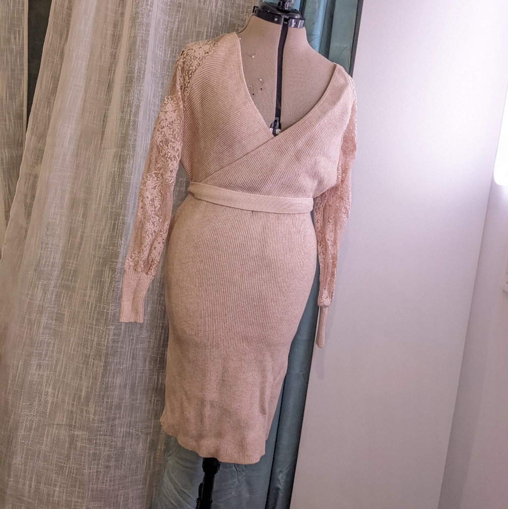Beige Ribbed Knit Long Sleeve Vneck Dress